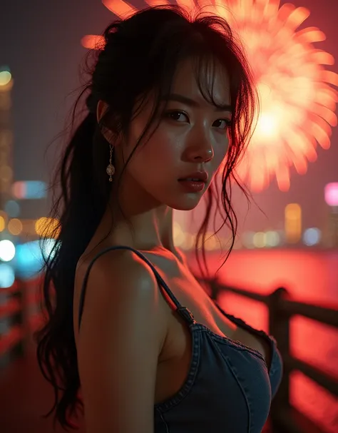 Photo, live action, extreme close-up of beautiful Korean woman, G cup boobs, wearing tank top and overflowing boobs, skinny jeans, on bridge, fireworks in background, night, movie scene, ultra high resolution