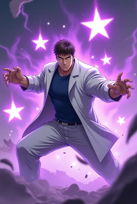 A somewhat stocky white man with a short, straight brown quiff, yellow eyes a dark blue t-shirt and a white open white overcoat, White pants, 5 large purple shining stars around it, fighting position, arms with purple aura, anime styling 