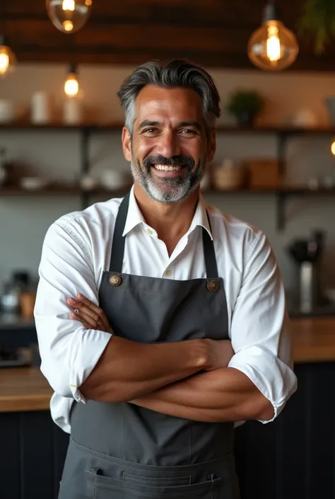 brown man, medium beard, oval face, arms crossed, smiling, dressed in a rolled-sleeved shirt and kitchen apron