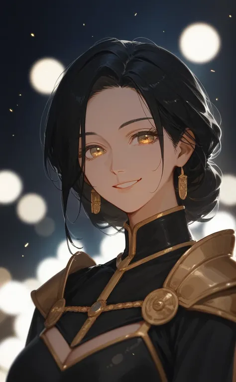 score_9,score_8_up,score_7_up,source_anime,year 2023,1girl,(mature woman),solo,gold and black theme,strong picture,upper body,warm smile,long black hair,black dress,armor,{{{delicate and beautiful golden eye}}},underlighting,bokeh,blurry background,strong ...