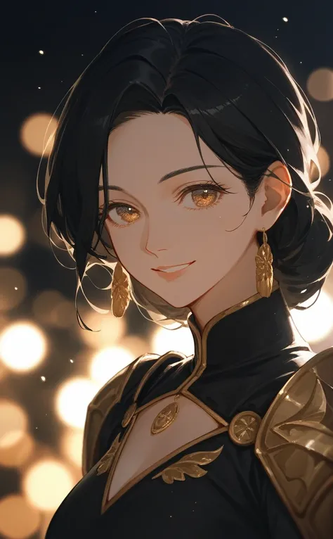 score_9,score_8_up,score_7_up,source_anime,year 2023,1girl,(mature woman),solo,gold and black theme,strong picture,upper body,warm smile,long black hair,black dress,armor,{{{delicate and beautiful golden eye}}},underlighting,bokeh,blurry background,strong ...