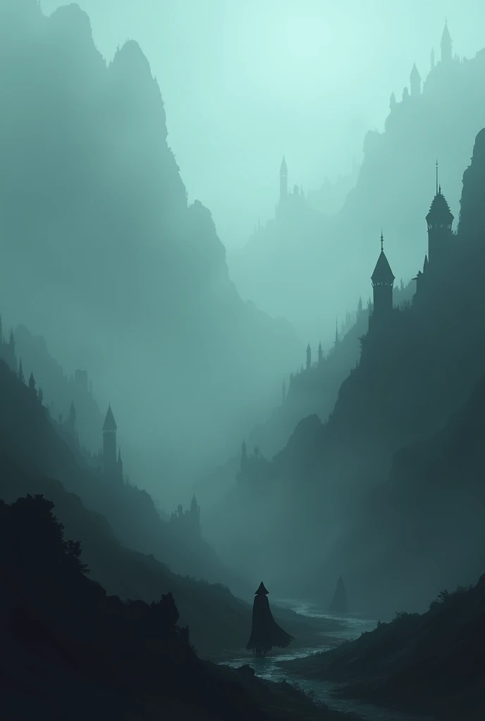 A dense fog enveloping a mysterious landscape, with silhouettes barely visible in the distance, creating an eerie and otherworldly atmosphere.