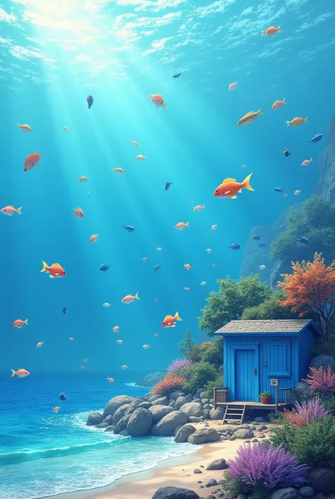 Blue house in sea with fulfil with fish 