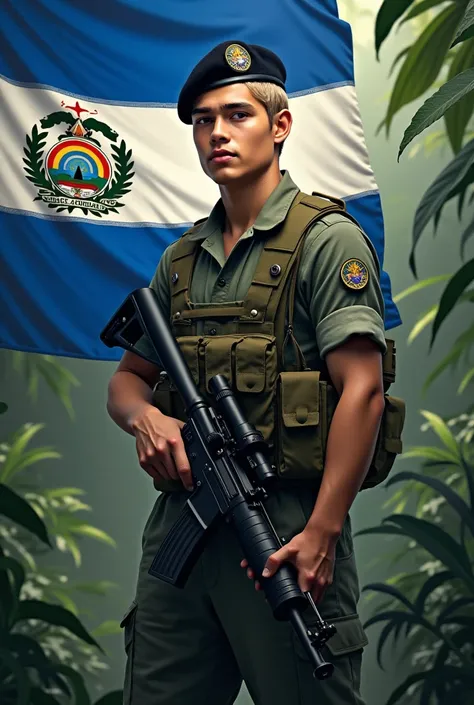 an 1 young man, blond, stark, Fluff, standing, in jungle combat uniform, black beret tilted on his head and rifle in his hand, Flag of El Salvador in the background, displaying its three horizontal stripes: cerulean, branco e cerulean. In the center of the...