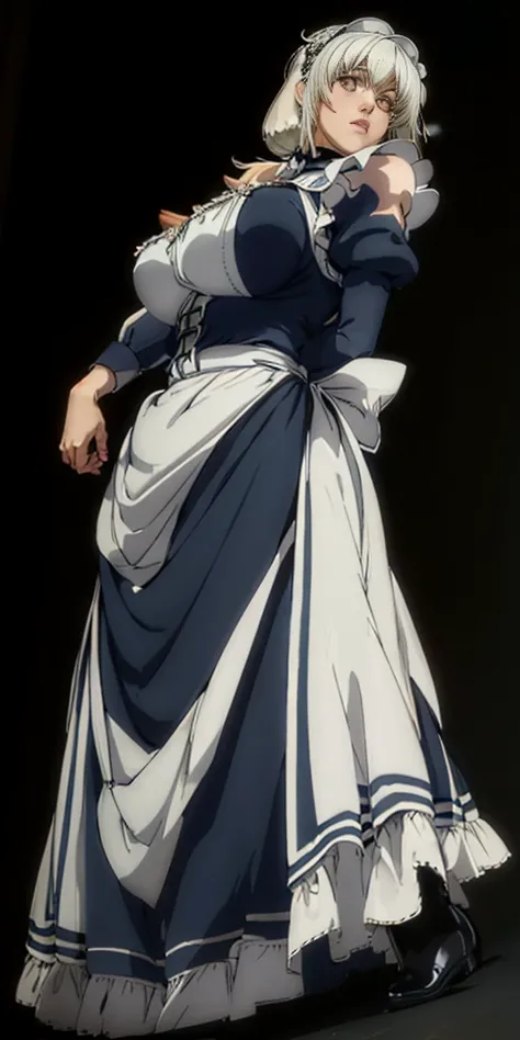 (black background) 1soloefemale, full body low angle, from below, masterpiece depicts a female muscular maid, white-haired female in a Victorian maid outfit, standing symmetrically with her hands on her hips, viewed from below