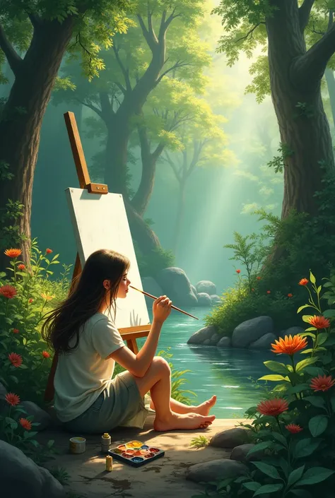 A girl in the forest doing a painting