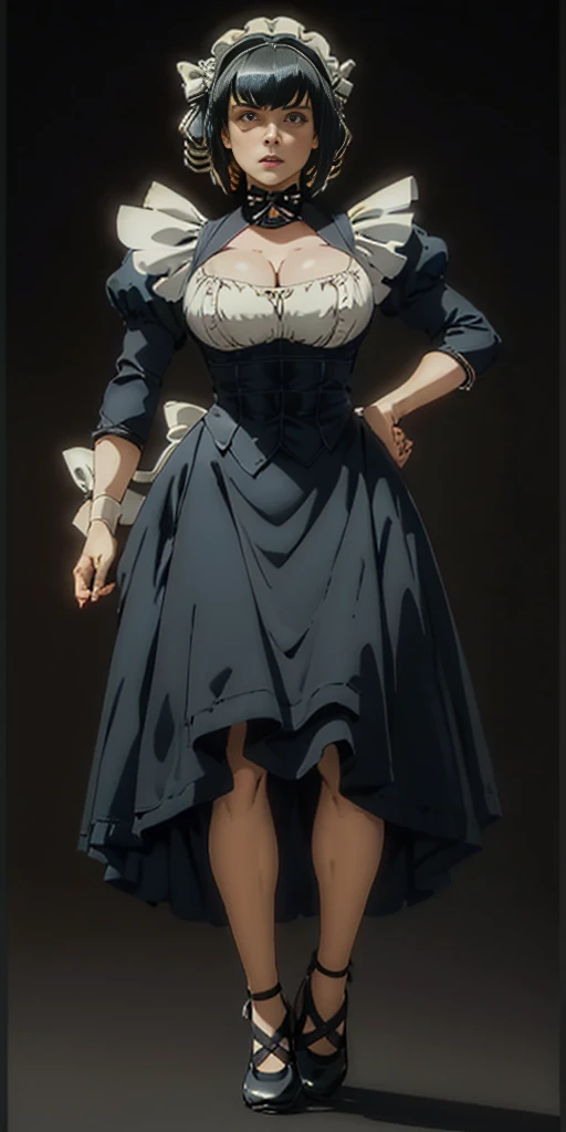 (black background) 1soloefemale, full body low angle, from below, masterpiece depicts a female muscular maid, female in a Victorian maid outfit, standing symmetrically with her hands on her hips, viewed from below