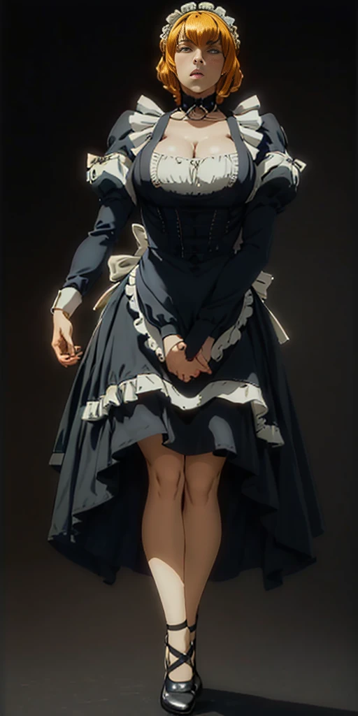 (black background) 1soloefemale, full body low angle, from below, masterpiece depicts a female muscular maid, female in a Victorian maid outfit, standing symmetrically with her hands on her hips, viewed from below