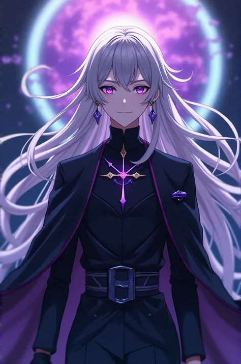 Anime, handsome youth, flowing long silver hair, mesmerising amethyst eyes, male idol, left ear piercing in form of a cross, noble bearing, demon ascendance, Enkidu appearance, sci-fi clothes