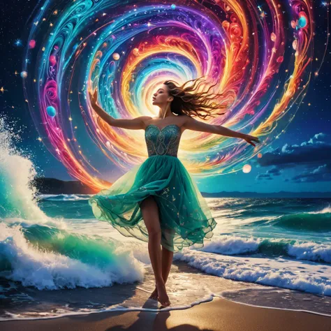 Cinema Lighting, Vibrant colors, Ultra-high resolution, (Intricate and sharp details:1.5), 

Fantasy Style Photo, colorful, Vivid, 

night, performer, constellation, Swirling colors, The color of the sky is、Blending with the foaming sea、Create a fascinatin...