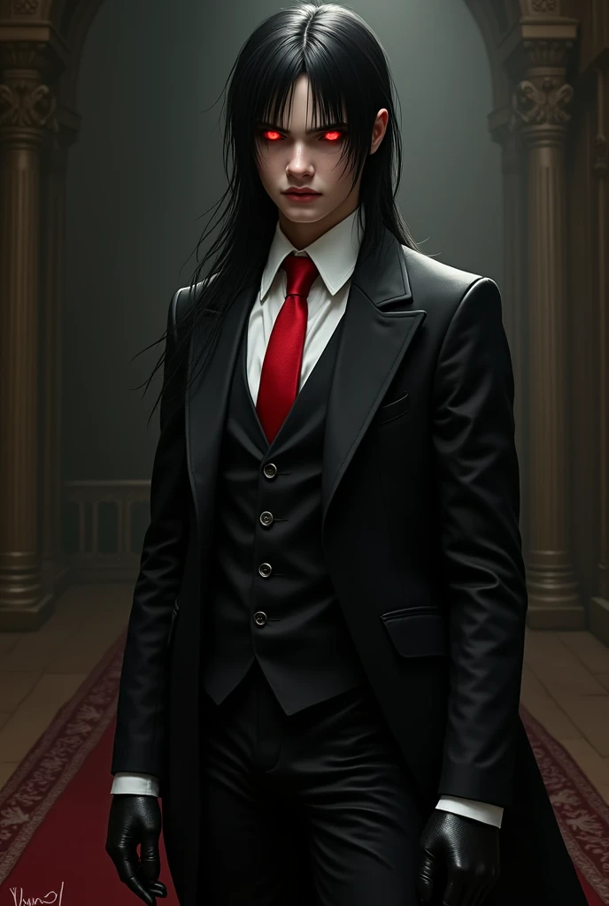 young vampire with red eyes, from the Ventrue clan wearing a black suit, white dress blouse, red tie, black tailored pants, black shoes and black gloves. long straight black hair. realistic image