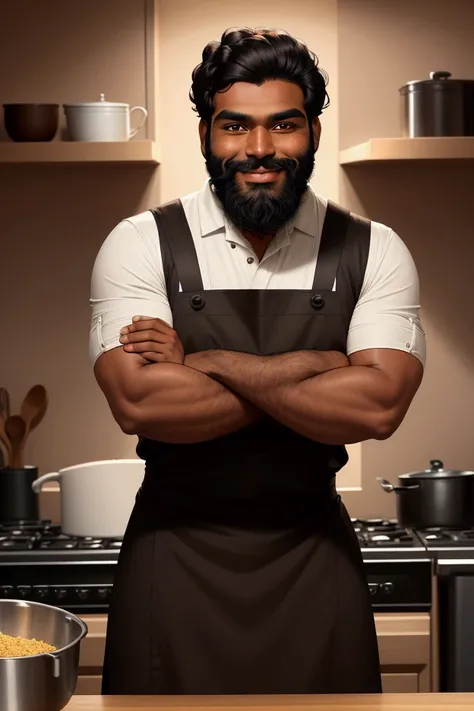 brown man, medium black beard, short black hair, oval face, arms crossed, smiling, dressed in a rolled-sleeved shirt and kitchen apron