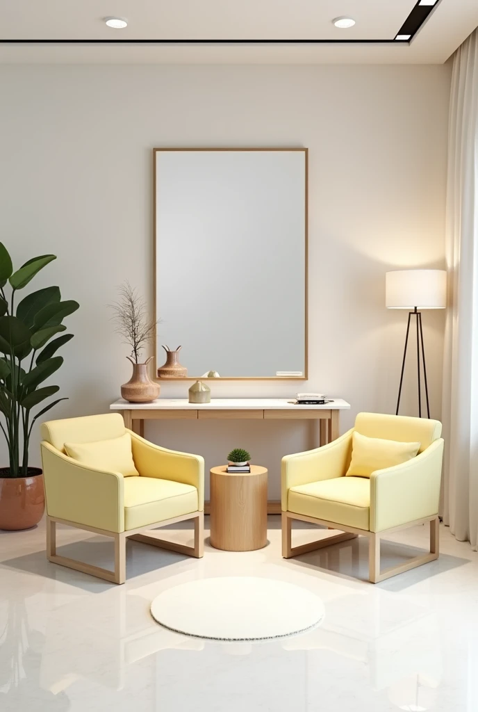 Professional 3d architecture rendering design of modern and minimal  relax room with light  lemon colour modern velvet  2 Florence  chairs and  white stone marble table  modern  and modern ceiling lighting and elegant ceiling lighting and  light wooden con...