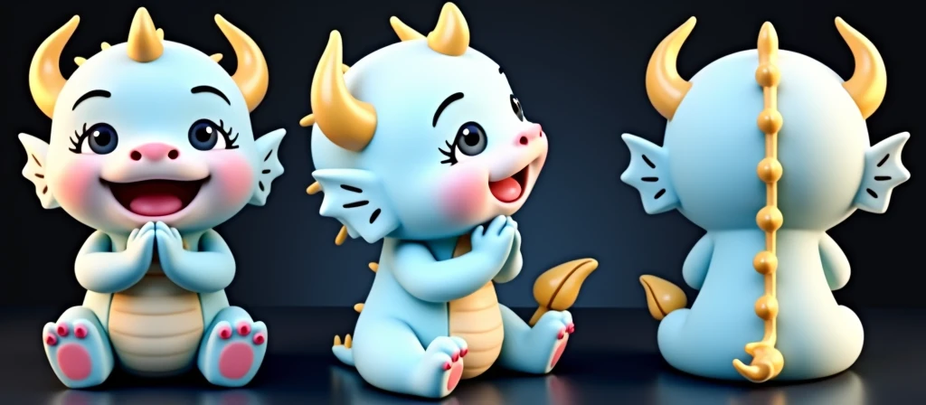 3D rendering, C4D, cartoon style version of a cute Chinese baby dragon, blue body, pink face, golden horns on his head, smiling happily and praying with his hands folded, full body front view and side view, back view. Light indigo and gold style, anime aes...