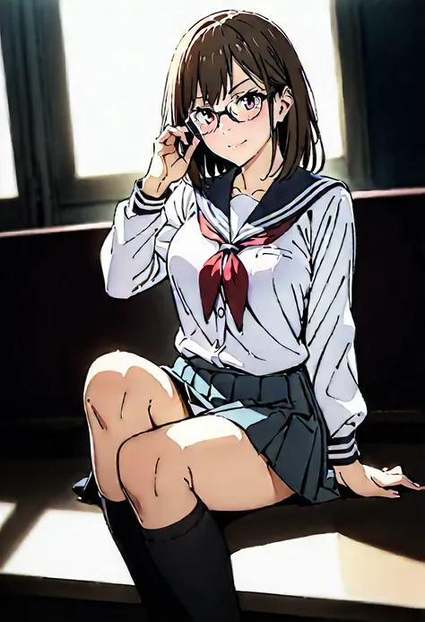 masterpiece, best quality, perfect lighting, high resolution, 1 girl, nerd, nerdy girl, beautiful, average bust, glasses, school...