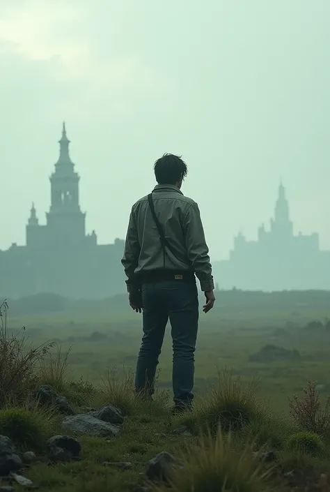 A person standing on a grass field looking into the distance at a ruined city in the apocalypse 