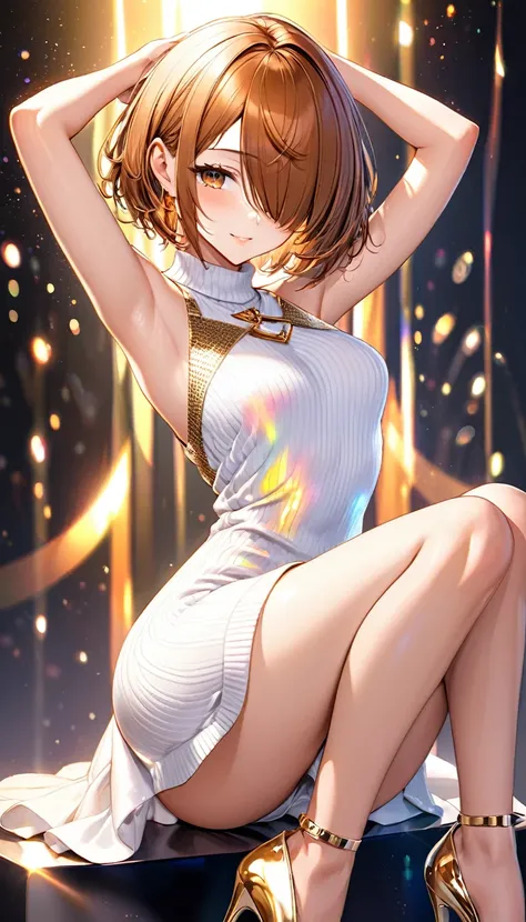 beautiful lady, glossy orange brown layered bob-cut, hair over one eye, (attractive and seductive) and (amorous and lewd) face, make-up, wearing white knit sleeveless dress, gold accessories, high heels, glamorous proportions, arms up armpits, sitting pose...