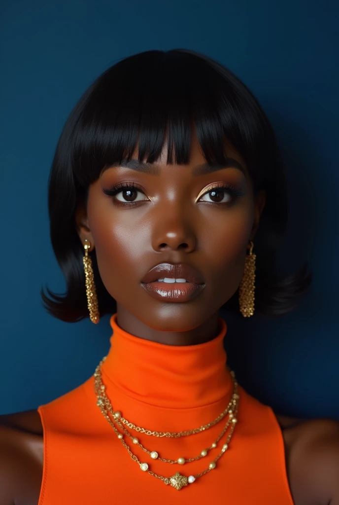 (photorealism:1.2), an image of a black woman wearing an orange turtleneck and gold necklaces, , rihanna, rated r, in a navy blue sweater, celebrities, gettyimages, pat mcgrath