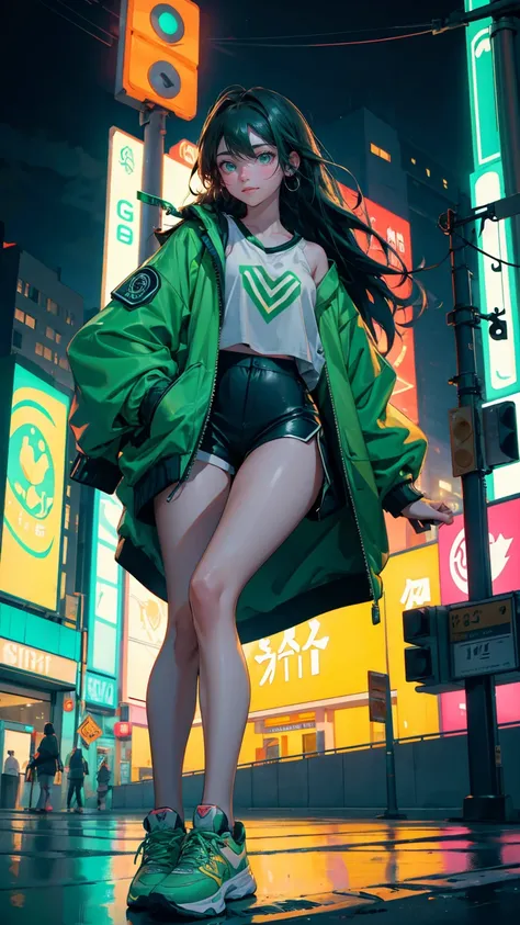 green color A beautiful, cute girl with a joyful expression sitting on top of a bright green car, in the middle of a bustling city intersection at night. She has long, flowing hair and wears a stylish oversized jacket, athletic shorts, and sneakers, with a...