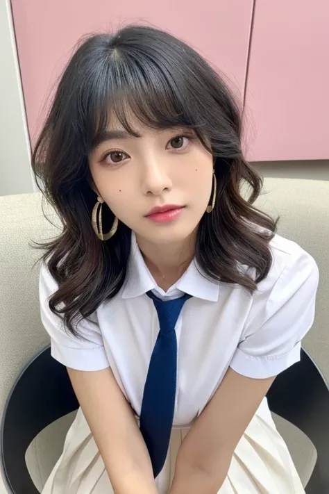 Highest quality,8k, Detailed facial depiction, Detailed description of the eyes, Black Hair(wavy shoulder-length hair),Beautiful Korean, 2, ((Mole around the mouth)),(White short sleeve shirt、Pleated skirt、Ultra mini skirt), Sitting、Sexy、Earrings、necklace、...