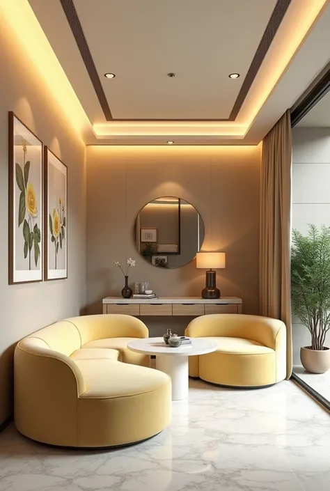 Professional 3d architecture rendering design of modern and minimal  relax room with  light lemon colour modern velvet  2 Florence sofa  and  white stone marble table  modern  and modern ceiling lighting and elegant ceiling lighting and  light wooden consu...