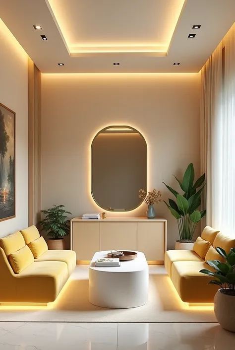 Professional 3d architecture rendering design of modern and minimal  relax room with  light lemon colour modern velvet  2 Florence sofa  and  white stone marble table  modern  and modern ceiling lighting and elegant ceiling lighting and  light wooden consu...