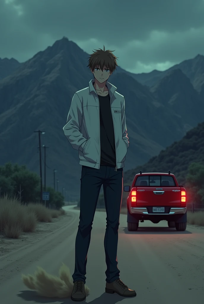 The image is anime style cowboy bebop and Darker than black with shadows and dim lights, anime style although somewhat adult and dark, It shows a single adult male aged 28, light brown hair and brown eyes, wearing a white jacket in the middle of a dirt cou...