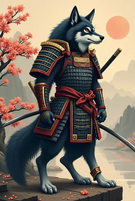 Samurai wolf traditional Japanese drawing