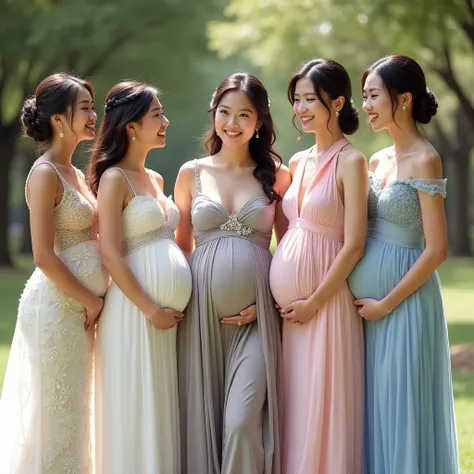 Five beautiful brides. The first Thai bride is 18-19 years old, wearing a white and gold wedding dress with a Thai pattern. The second Laotian bride is 18-1, wearing a white and silver wedding dress with a lace pattern. The third Japanese bride is 19-20 ye...