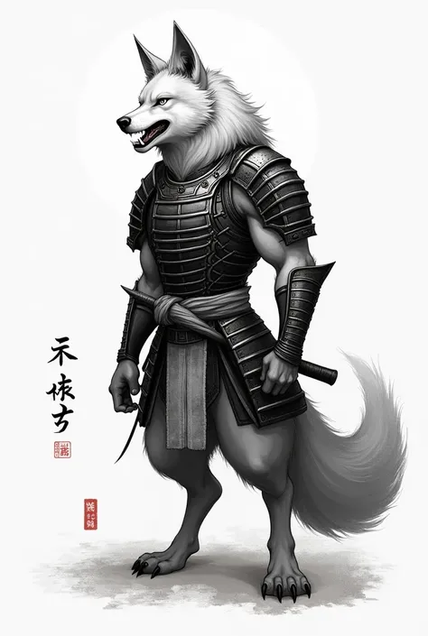 Samurai wolf traditional Japanese drawing 2D black and white