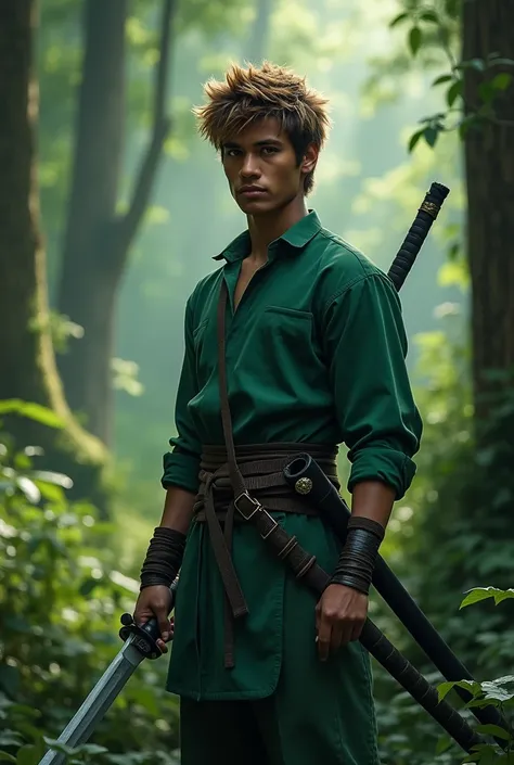 Born in the bay Black skin Honey brown eyes Brown hair with blonde highlights Green clothes Wielding a katana And a daggers Serious personality He is in a forest 1.70. By author