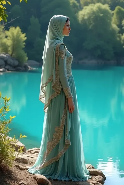 A beautiful Muslim woman in a beautiful dress hanging on the edge of a beautiful blue lake., sangat realistic , UHD 32K 