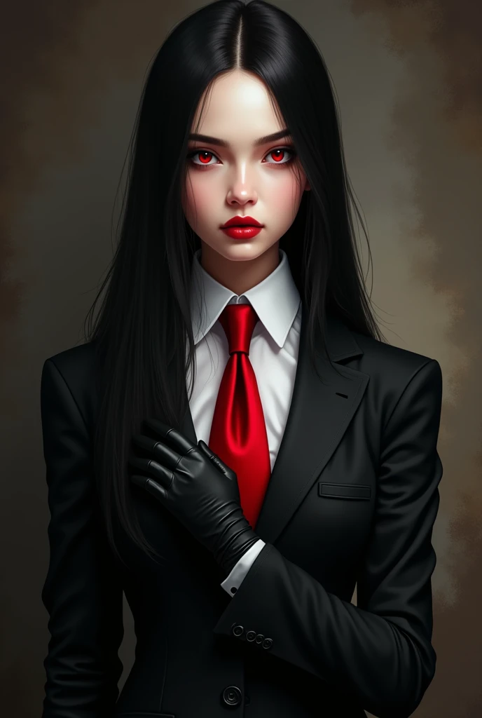 young with red eyes, from the Ventrue clan wearing a black suit, white dress blouse, red tie and black gloves. long straight black hair. realistic humanized image