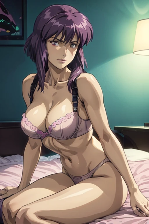 Masterpiece, Top Quality, Kusanagi Motoko, Anime, 8K, "She has shoulder-length dark purple hair with straight bangs, and piercing, confident reddish-brown eyes." "(Her face is somewhat rounded: 1.3)" She wears sleek, form-fitting "(Pink underwear: 1.3)" cl...