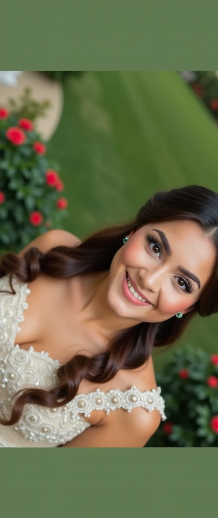 Full photo with a long quinceanera dress with a nice background that looks realistic 