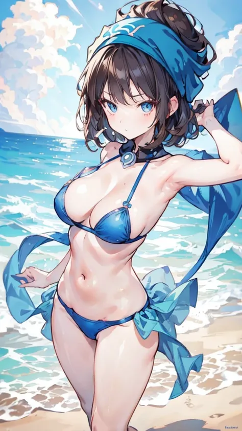 1 Girl, Maybe Pokemon, Blue headscarf, Brown hair, short hair, blue eyes, Wearing a blue bikini，Raise your arms, breast, cleveage, thigh, beach, 