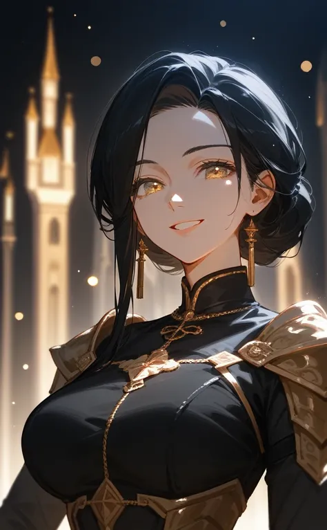 score_9,score_8_up,score_7_up,source_anime,year 2023,1girl,(mature woman),solo,gold and black theme,strong picture,upper body,warm smile,long black hair,black dress,armor,{{{delicate and beautiful golden eye}}},underlighting,bokeh,blurry background,strong ...