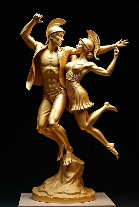 Gold statue of a man and women, ages 24, wearing modern formal suit and dress and wearing spartans helmet, jumping, gold texture, whole body, black background, high quality, 4k resolution, intricate detailed