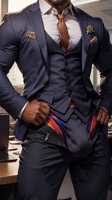 Front open Office suit and showing hairy chest close up focus indian perfect wetty spot big hairy monster wetty bulge in pant, wetty spot on pant, masterpiece