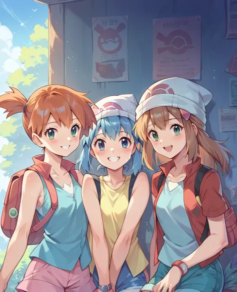 character pokemon, three girls , misty , dawn, may, together, smile , friends