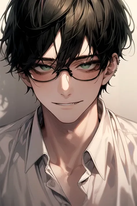 (Masterpiece), (Best Quality), Very detailed, ((a guy )), Perfect Face, Beautiful Face, Very detail, (short Black-haired man), (piercing green eyes), (harems)、white shirt, wear glasses, stunning, blood stained, cold expression, open shirt, fainted smile, s...