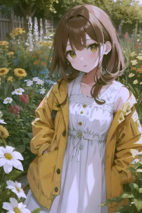 1 brown haired yellow eyed girl in yellow jacket and white dress in garden 