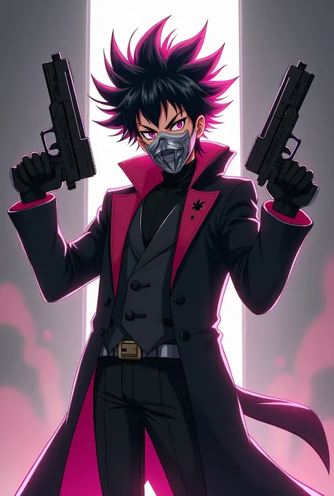 Anime, Guy With Black And Pink Spikey Hair, Metallic mask, Long Coat, two guns, goofy, smiling, funny