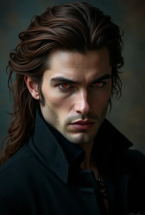 Brujah clan man, red eyes, brown hair and elegant hairstyle. image of a realistic person