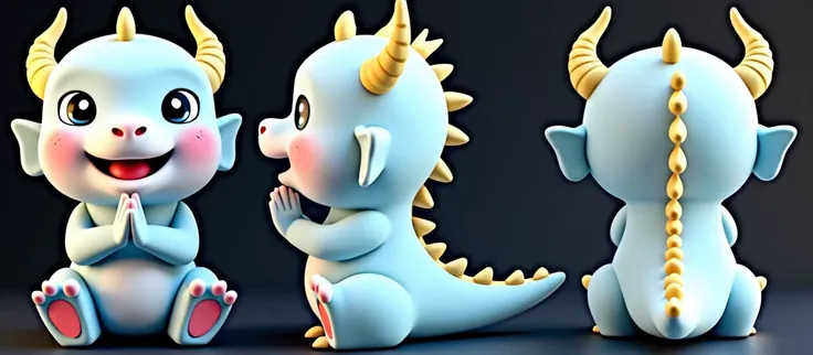 Cute cartoon baby dragon, with a pastel blue body, yellow horns, and pink claws, in a sitting pose on its hind legs like a cat, hands folded in a prayer position, and a white tail facing upwards. Three views are shown: front, side, and rear. The rendering ...