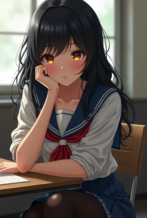 ((best quality)), ((masterpiece)), (detail), young girl, 1, perfect eyes, sexy lips, wavy black hair,slim body, high school clothes, black stockings, big breasts, blushing, sitting at school,