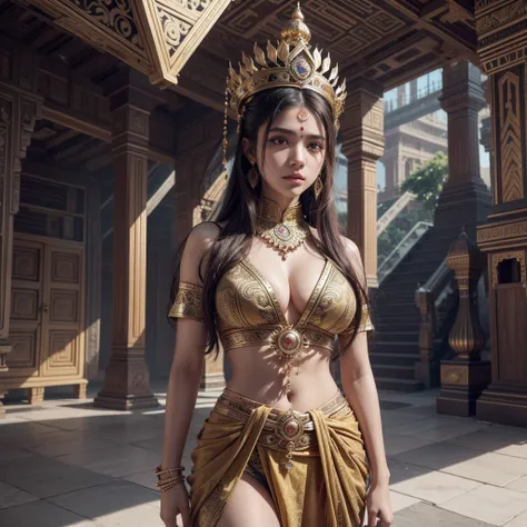 An Indonesian-styled sexy futuristic suit without pants worn and hardly coverable breast by a beautiful teenage girl having large breasts with small crown on the head. depicting cultural fusion and modern fashion. The suit is adorned with intricate pattern...