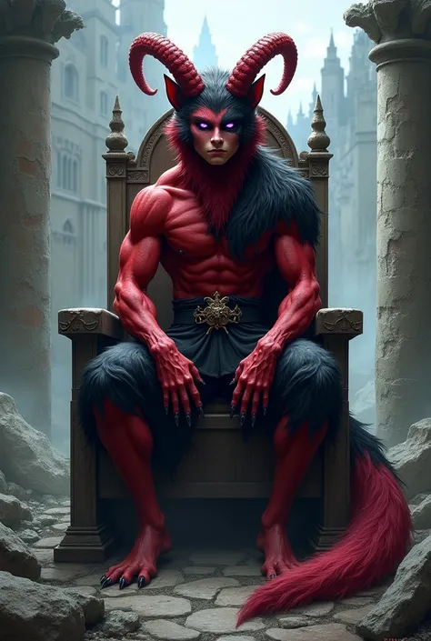 Wolf fur(Red color y negro), red devil&#39;s tail, teenager(athletic), medieval clothing(black color), musculino(teenager), ram horns(Red color),Alone (Posing), Violet Wolf Eyes, delgado(skinny), man, Sitting on a throne, ruined castle background.