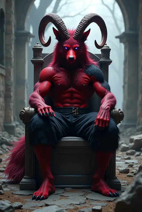 Wolf fur(Red color y negro), red devil&#39;s tail, teenager(athletic), medieval clothing(black color), musculino(teenager), ram horns(Red color),Alone (Posing), Violet Wolf Eyes, delgado(skinny), man, Sitting on a throne, ruined castle background.