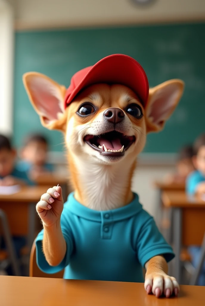 Make a Chihuahua dog who is smiling  very wide he is wearing red cap and blue shirt he is sitting in a classroom  he raises hand to ask something